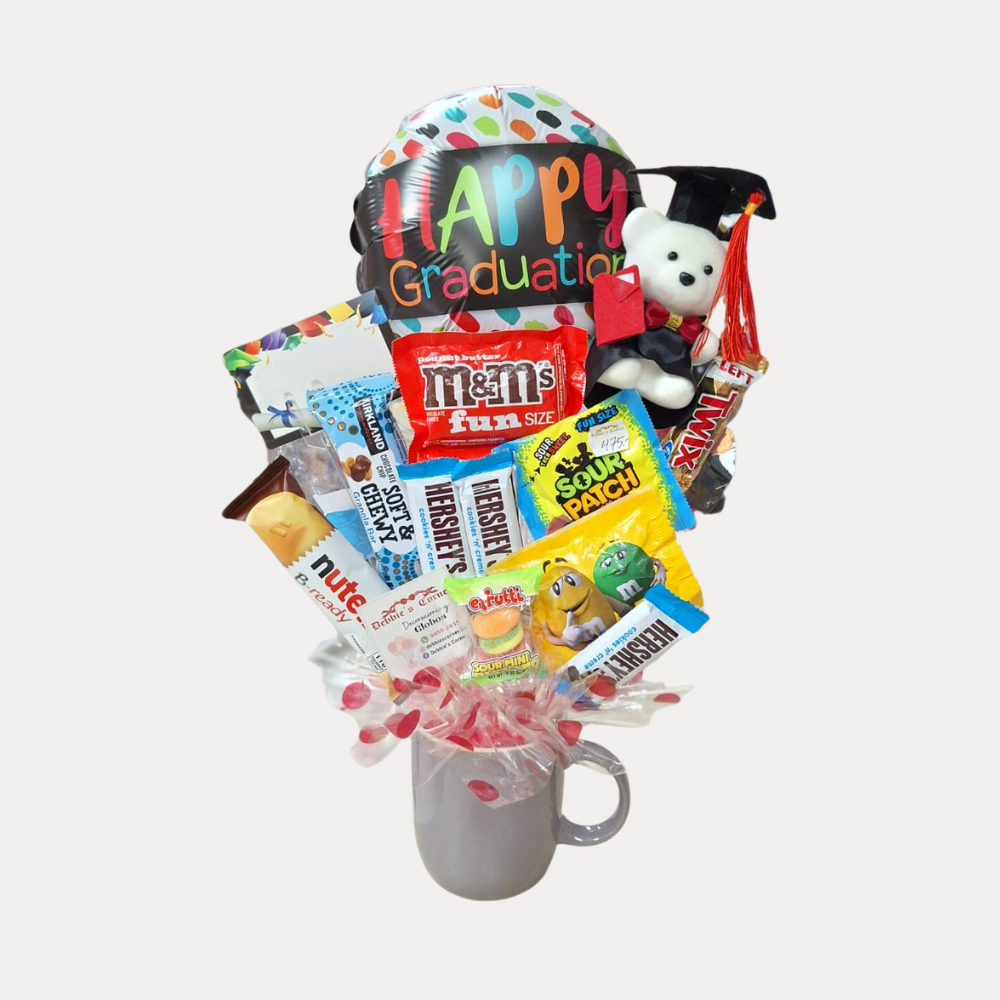Arreglo Dulce de Graduación, con globo de 9 Plg, mediano, base de taza, Happy Graduation