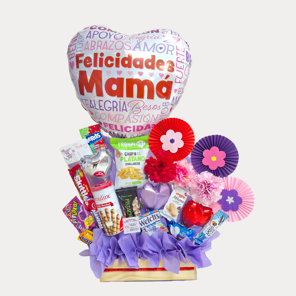 Arreglo Dulce Día de la Madre, con globo de 18 Plg, grande, diseño Claveles