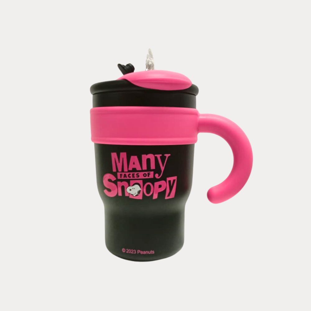 Vaso de Snoopy, acero inoxidable, 750 ml, diseño en rosa y negro