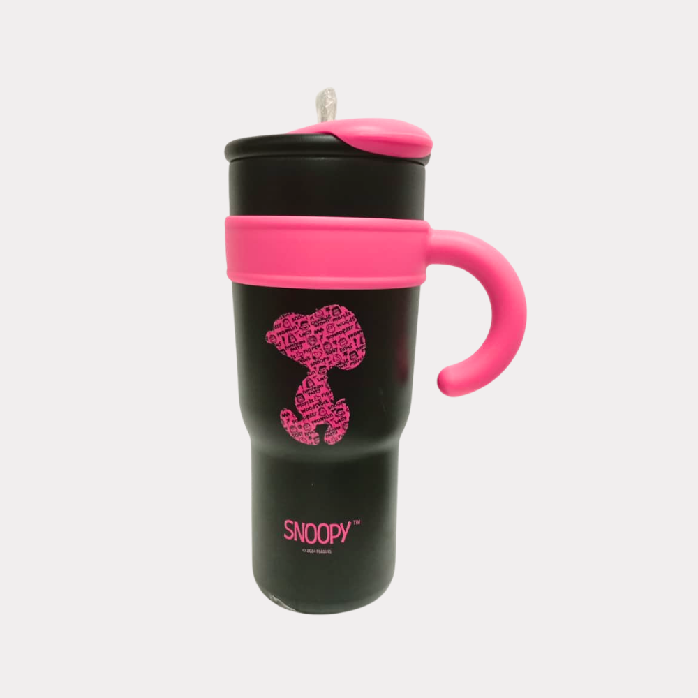 Vaso de Snoopy, acero inoxidable, 1250 ml, diseño en rosado y negro