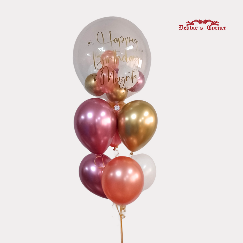 Arreglo de Globos con Helio Personalizado, burbuja 24 Plg + 6 globos, diseño rosa