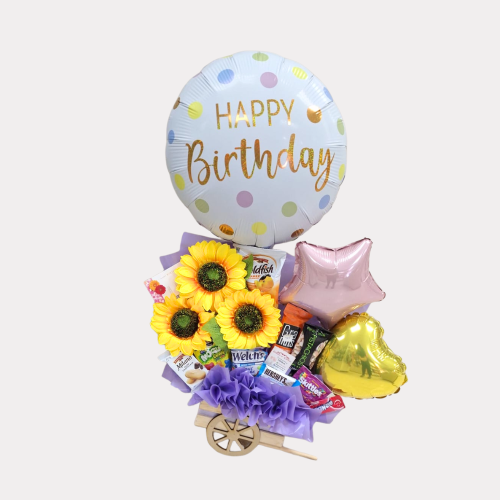 Arreglo Dulce de Cumpleaños, con globo de 18 Plg, grande, diseño con girasoles