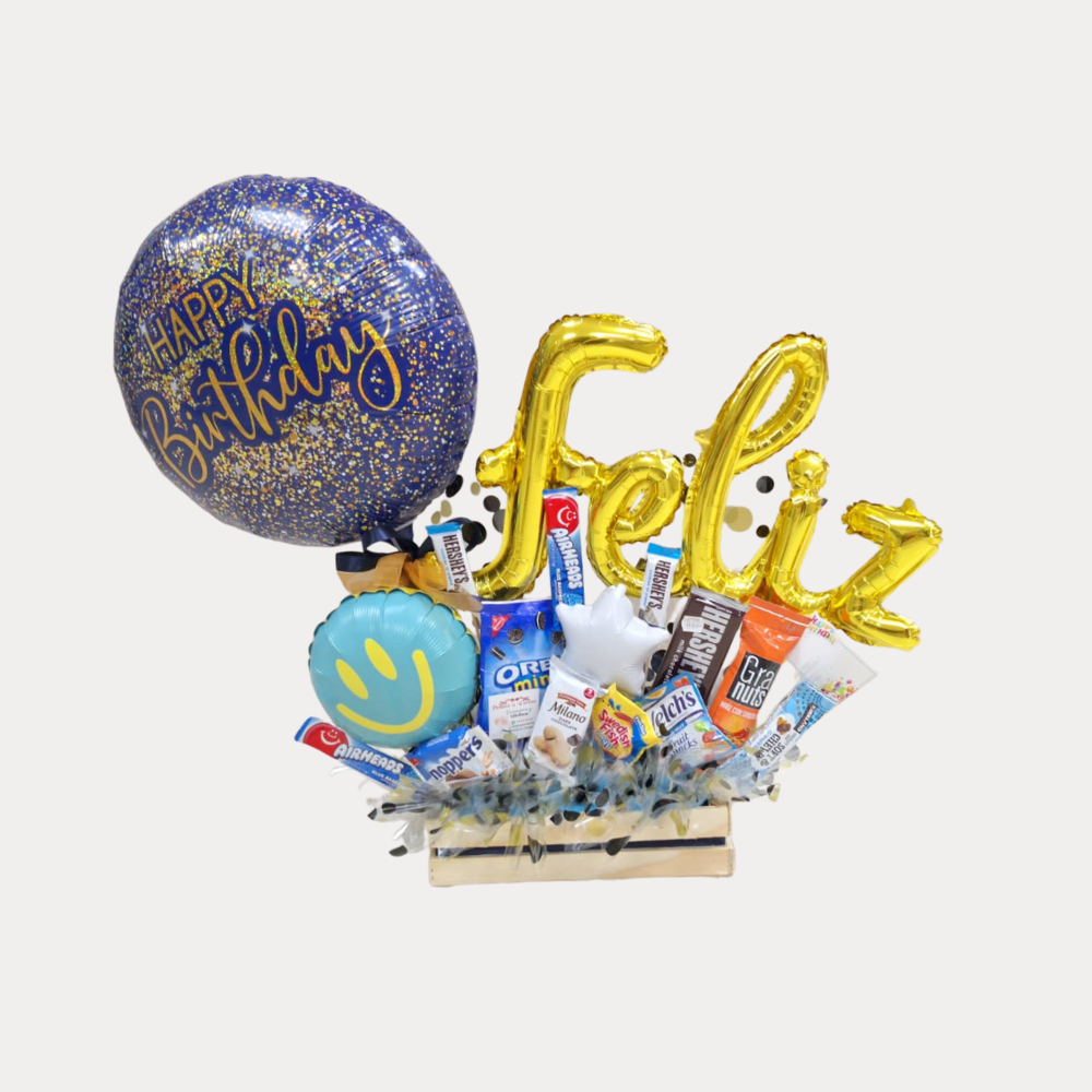 Arreglo Dulce de Cumpleaños, con globo de 18 Plg, grande, diseño feliz