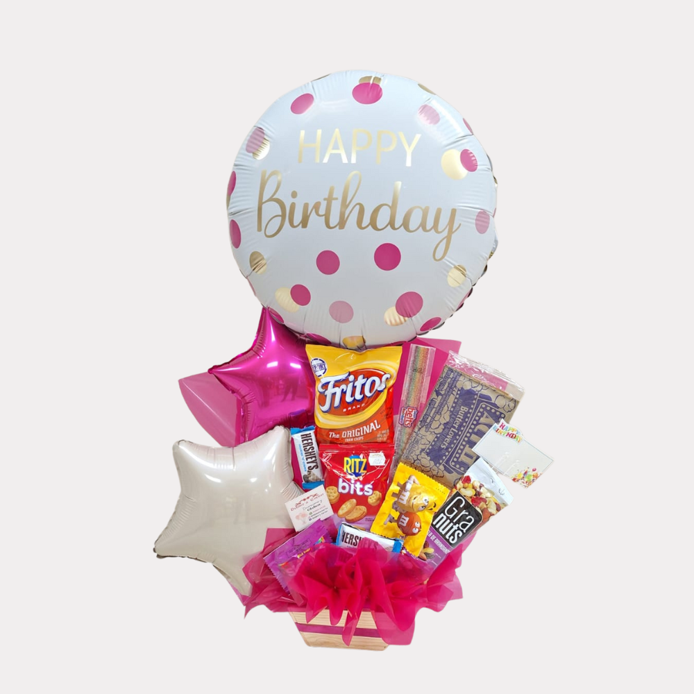 Arreglo Dulce de Cumpleaños, con globo de 18 Plg, grande, con palomitas de maíz