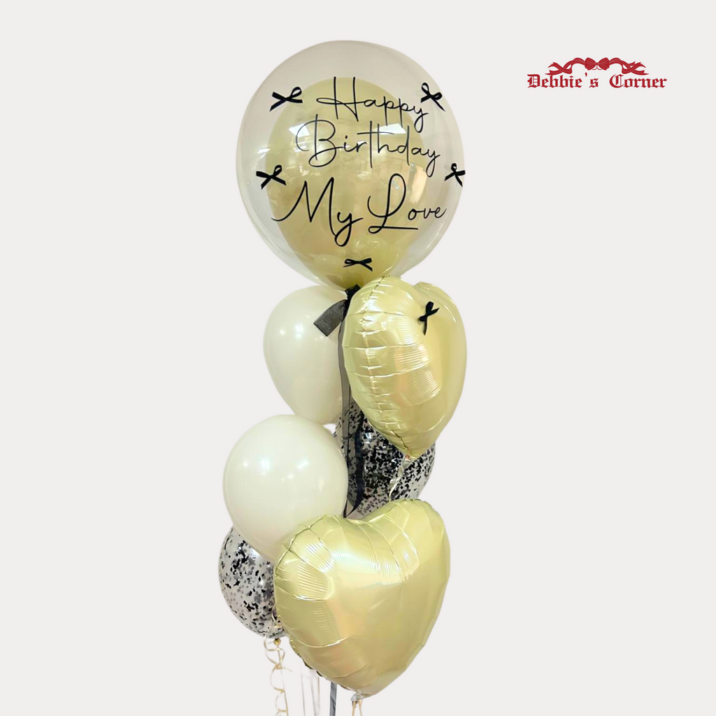 Arreglo de Globos con Helio Personalizado, burbuja 24 Plg + 6 globos, Gajo Coquette