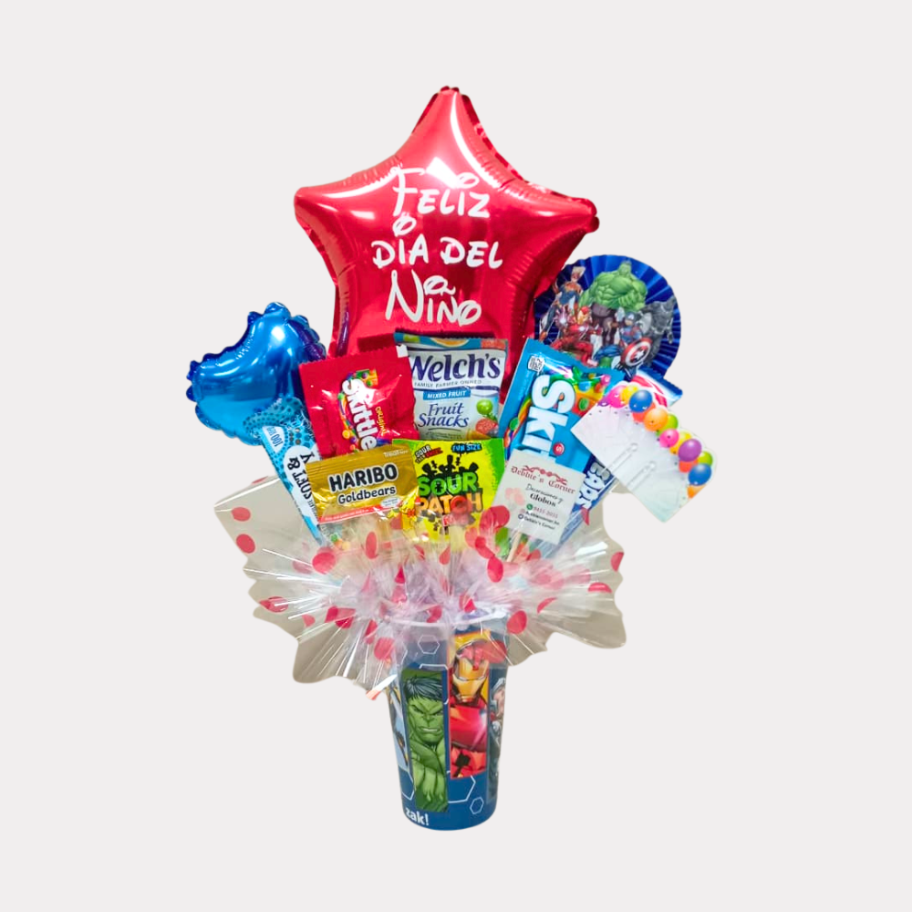 Arreglo Dulce Día del Niño, con globo de 9 Plg, mediano, diseño Avengers