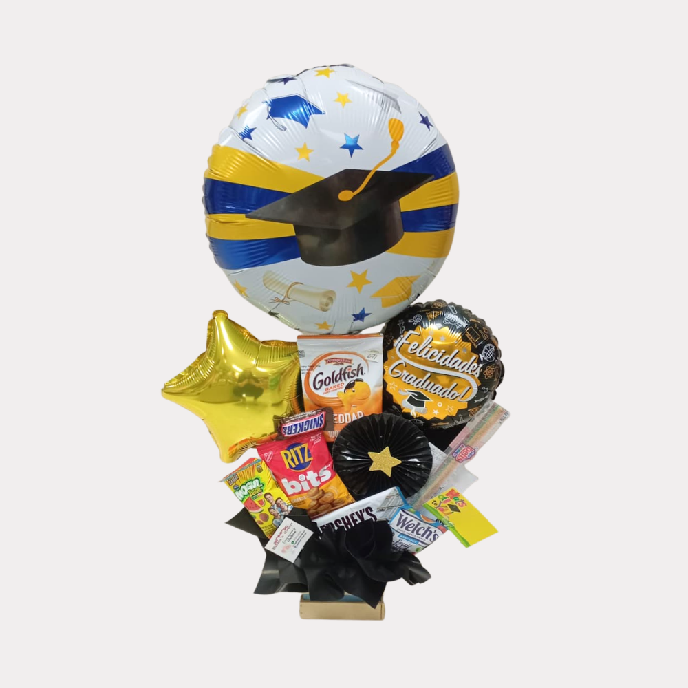 Arreglo Dulce de Graduación, con globo de 18 Plg, grande, Happy Graduation