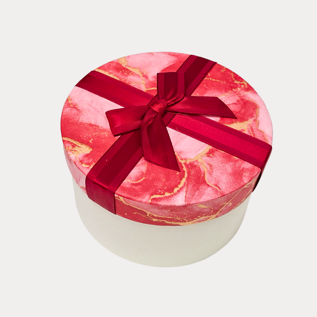 Caja de Regalo Redonda, mediana, tapa marmoleada en rojo y dorado