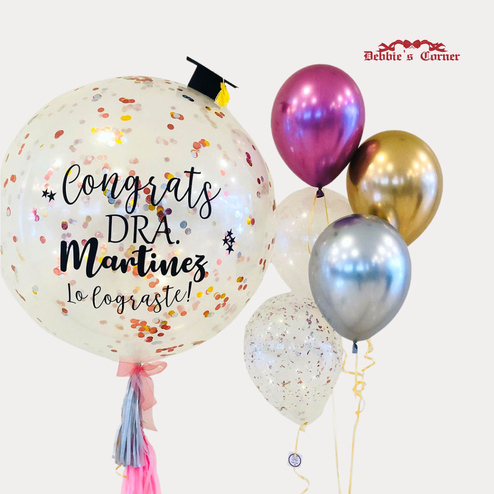 Arreglo de Globos con Helio Personalizado, globo de 3 pies con birrete + 5 globos, diseño Delux