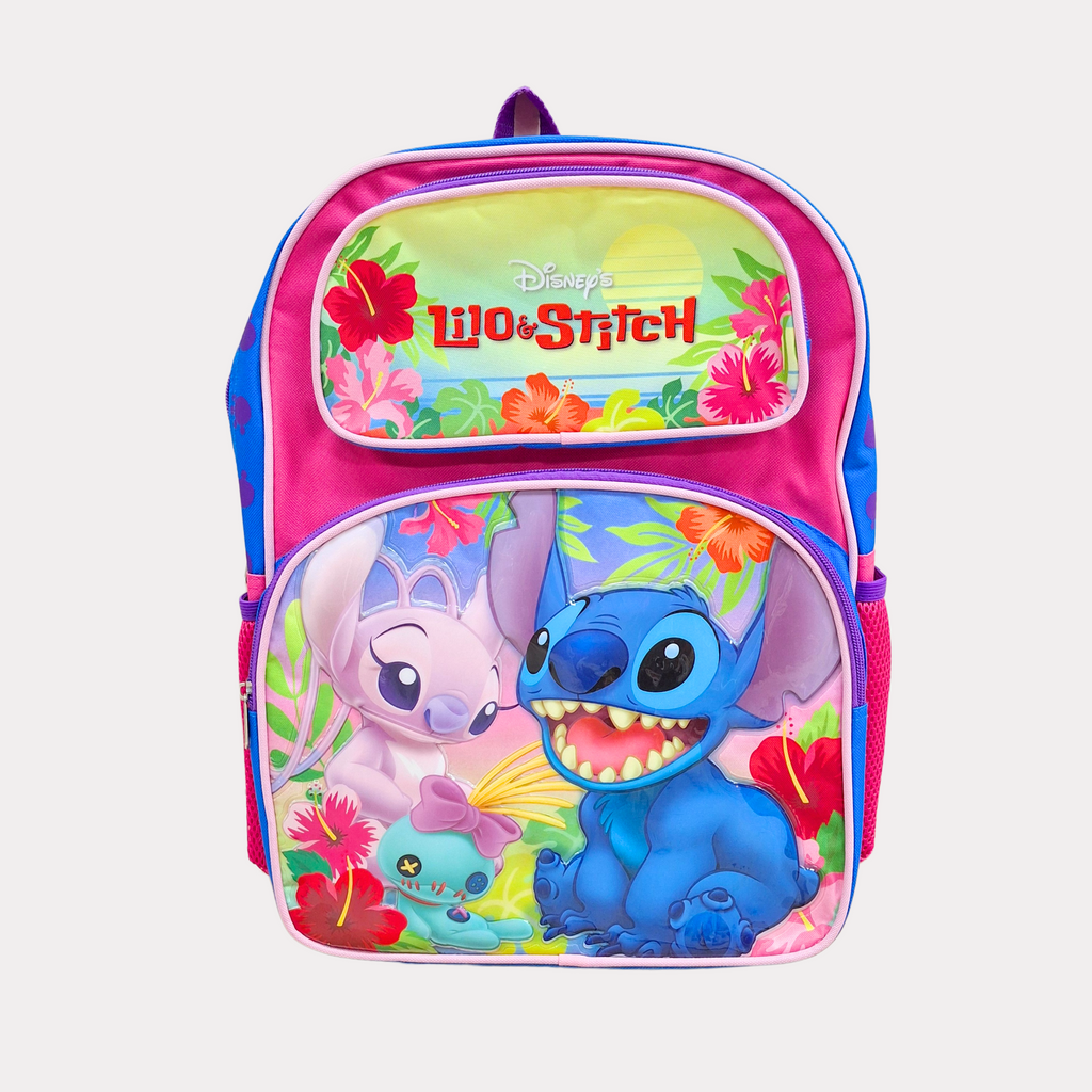Mochila de Stitch y Ángel, 16 Plg, 3 compartimentos